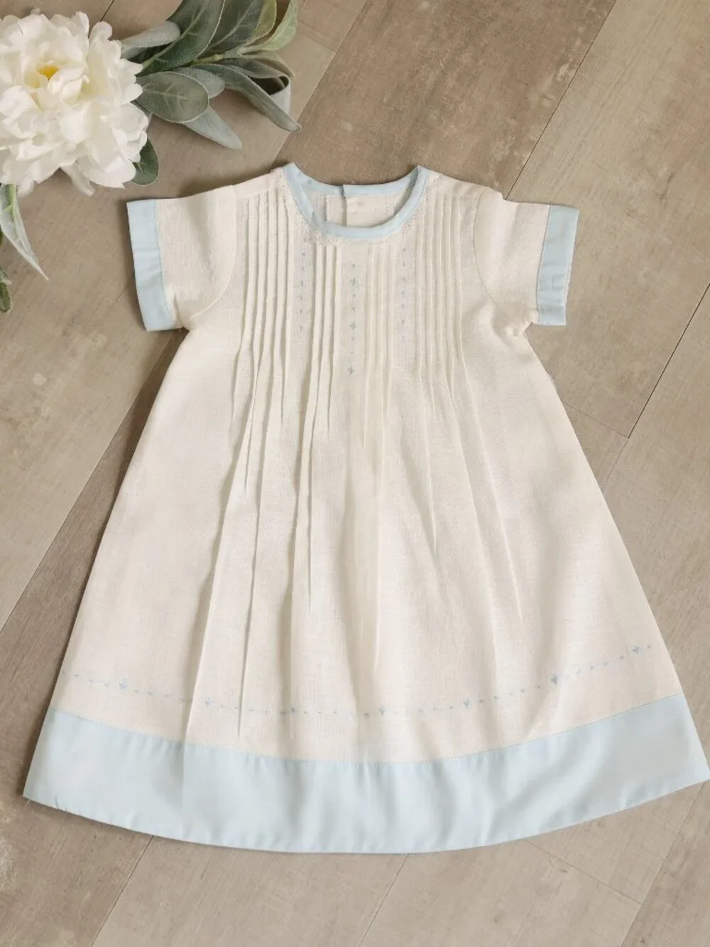 Boy's Ivory Cotton Linen Heirloom Daygown Blue Accents Coming Home 1st Portraits